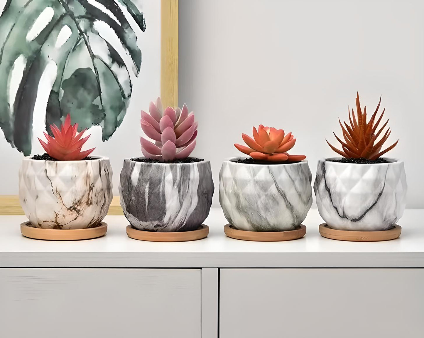 Ceramic Marble Effect Pineapple Style Succulent Planters WITH Bamboo Coaster / Small Desktop Plant Pot / Indoor Office Home / Gift Idea