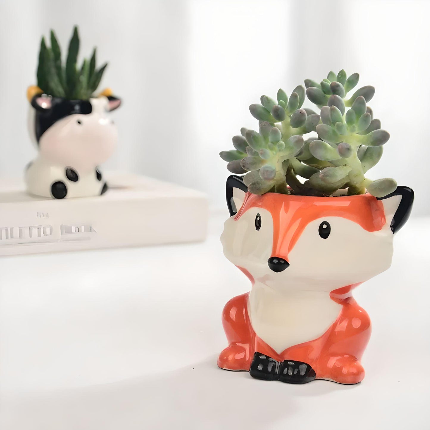 Animal Succulent Planters WITH Bamboo Coaster / Small Desktop Plant Pot / Indoor Office Home Decor / Cute Animal Planters / Gift Idea