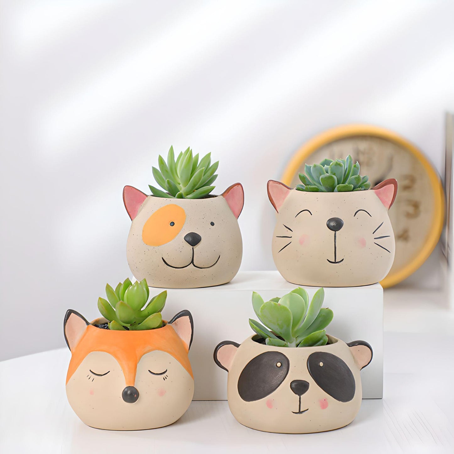 Animal Head Ceramic Succulent Planters / Cute Animal Plant Pots / Round Desk Office Home Decor / Gift