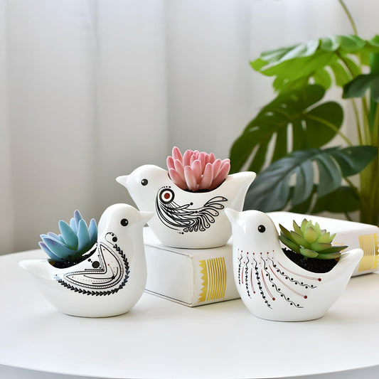 Ceramic White Bird Succulent Plant Pots / Small Desktop Plant Pot / Indoor Office Home Decor / Cute Animal Planters House Warming Gift