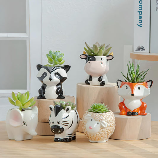 Animal Succulent Planters WITH Bamboo Coaster / Small Desktop Plant Pot / Indoor Office Home Decor / Cute Animal Planters / Gift Idea