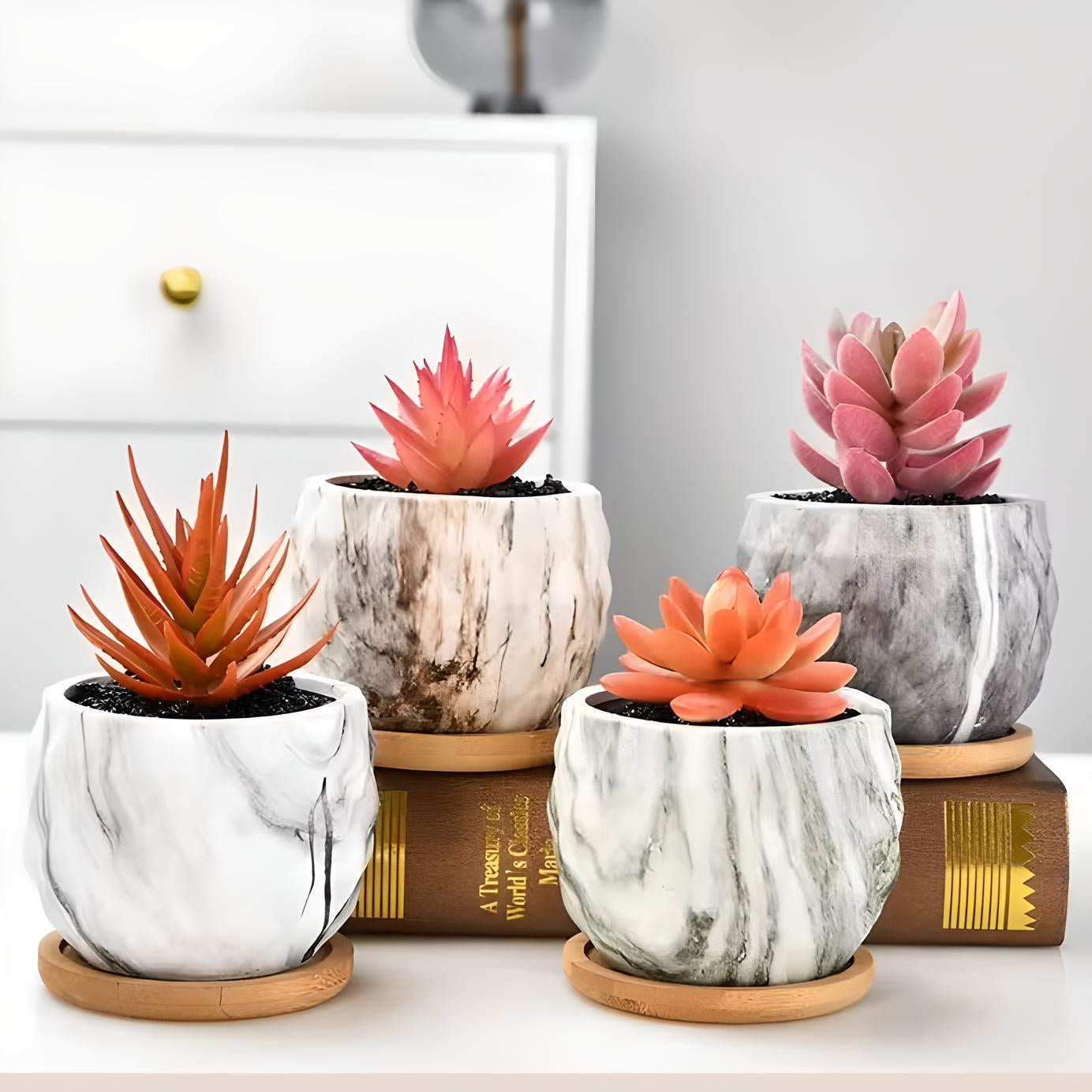 Ceramic Marble Effect Pineapple Style Succulent Planters WITH Bamboo Coaster / Small Desktop Plant Pot / Indoor Office Home / Gift Idea