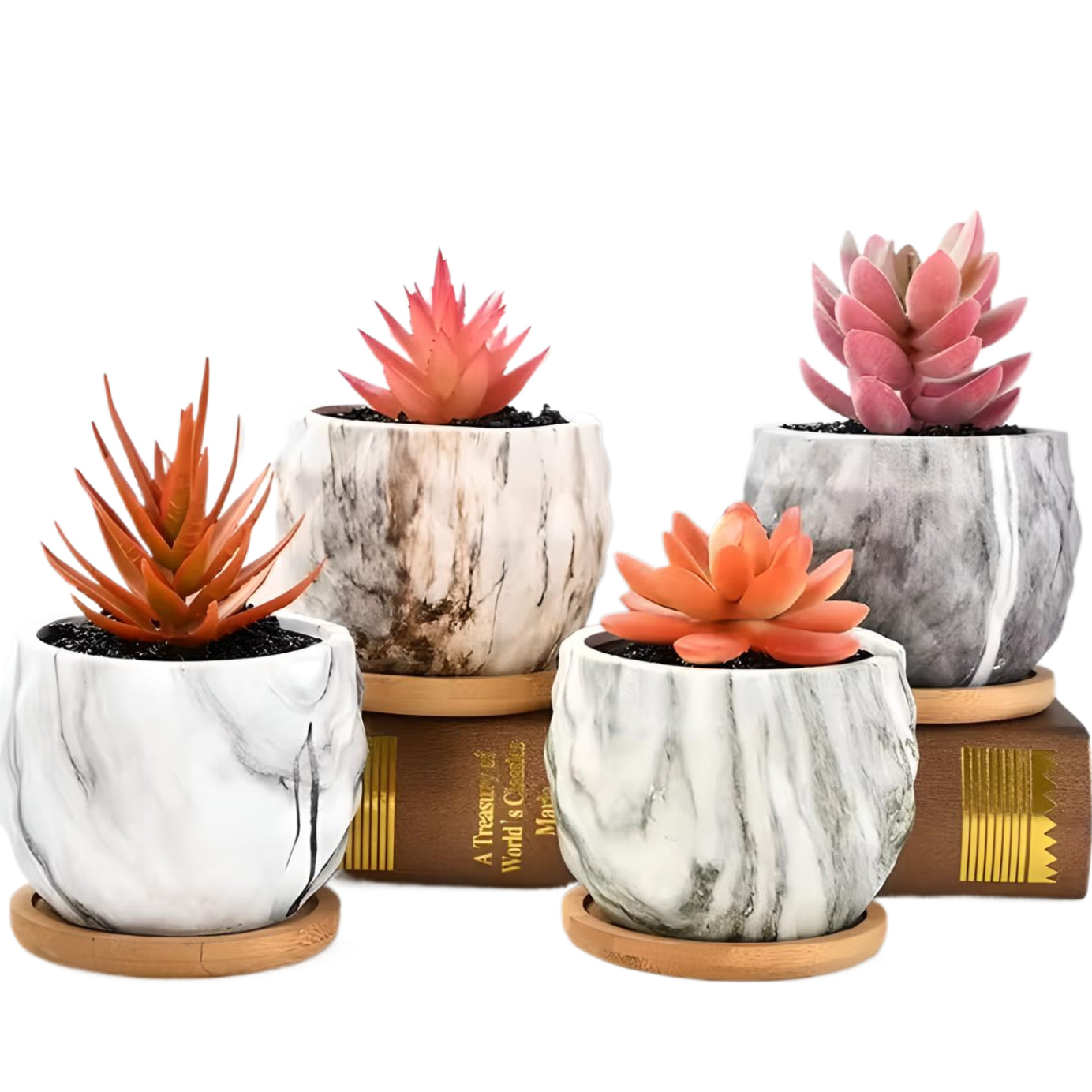 Ceramic Marble Effect Pineapple Style Succulent Planters WITH Bamboo Coaster / Small Desktop Plant Pot / Indoor Office Home / Gift Idea