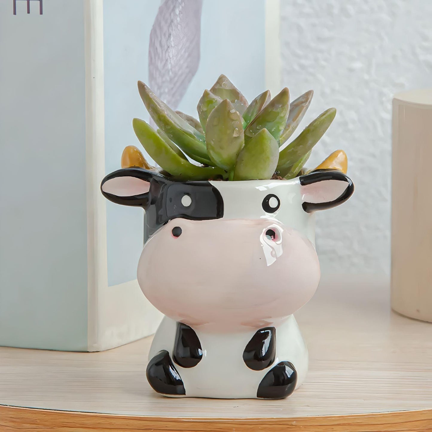 Animal Succulent Planters WITH Bamboo Coaster / Small Desktop Plant Pot / Indoor Office Home Decor / Cute Animal Planters / Gift Idea